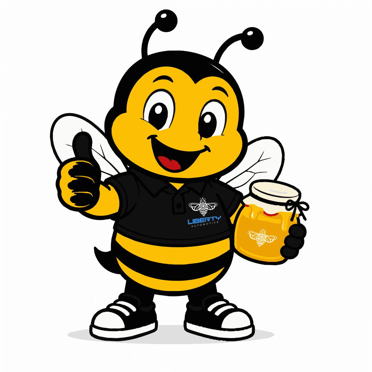 Berty, a cartoon worker bee wearing a black Liberty Automotive polo, giving a thumbs up while holding a jar of honey